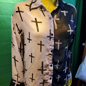 Kpop style black and white button down shirt long sleeves cross pattern goth